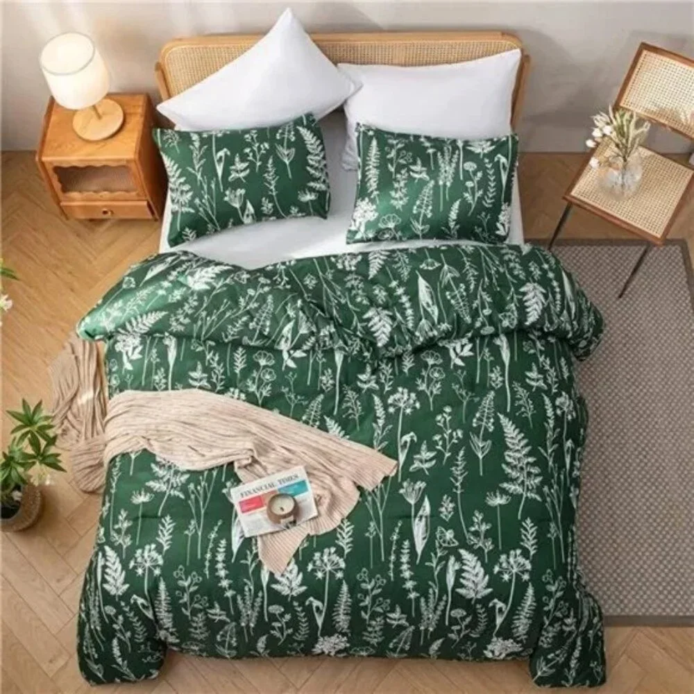 Comforter Set Emerald Comforter Set 3 PCS Bedding Floral Plant Flowers King/Quee